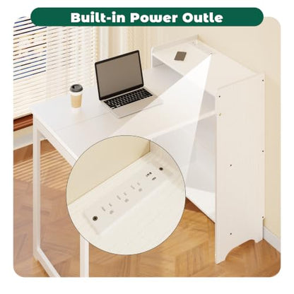 HDDFER Folding Desk with Built-in Outlet,for Small Spaces,Hidden Desk with Storage Shelf, Foldable Computer Desk for Bedroom Home Office, Mid Century Modern Fold Out Table Writing Table, White - color: White