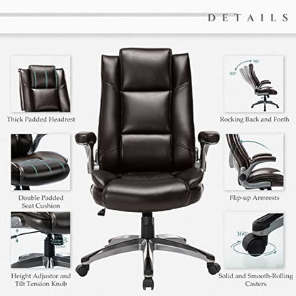MALOL Leather Executive Office Chair - High Back Home Computer Desk Chair with Padded Flip-up Arms, Adjustable Tilt Lock, Swivel Rolling Ergonomic Chair for Adult Working Study, Brown - color: Brown