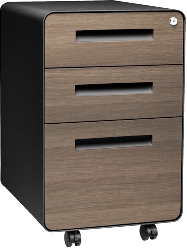Laura Davidson Furniture Stockpile 3 Drawer File Cabinet with Lock - Under Office Desk Metal Filing Cabinet, Legal/Letter File Folders, Wheels and Stationary Feet, Pre-Assembled, Black/Wood - color: Black/Wood