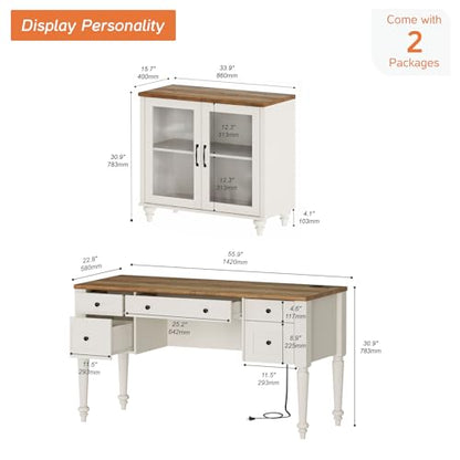 WAMPAT Home Office Furniture Set, 56" Executive Desk with Charging Station, Farmhouse Cabinet with Glass Doors, Wood Computer Desk with File Cabinet Storage, Open Shelf, White - color: White