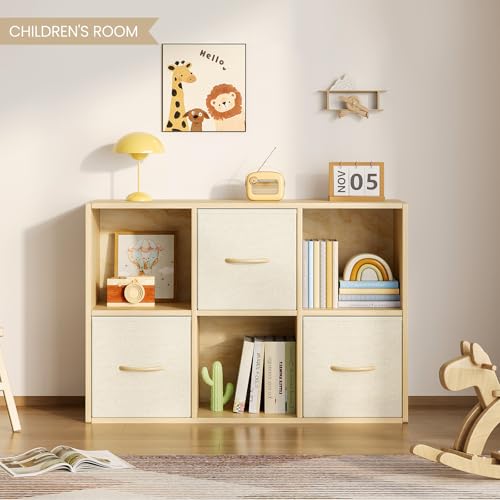EXPERLAM 6 Cube Storage Organizer - Solid Wood Bookshelf with 3 Storage Bins, Cube Shelf with 2 Removable Back Panels, Vertical or Horizontal Bookcase, Open Book Shelf for Bedroom, Living Room, Office - size: 6 Cube Shelf