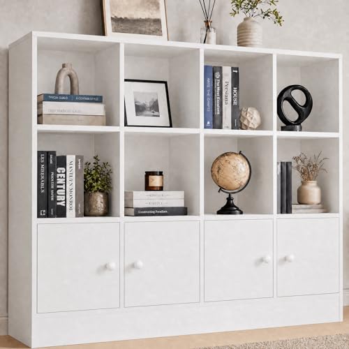 Cozy Castle White Wood Bookcase, 12 Cube Display Shelf with 4 Doors, 3 Tier Open Bookshelf with Adjustable Shelves for Living Room, Home Office, Entryway - color: White
