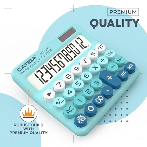 CATIGA Mechanical Switch Calculator with Solar and Battery Dual Power, 12-Digit Large LCD Display, Aesthetic and Cute Desktop Calculator with Big Button, for Home, School and Office Use, SD-1299 - color: Z) Aqua Blue