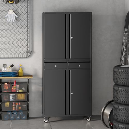 71" Black Metal Storage Cabinet with Wheel, Garage Storage with 2 Drawers + 2 Adjustable Shelves, Heavy Duty Tool Cabinet with Locking Doors for School, Workshop, Office, Black - size: With wheels