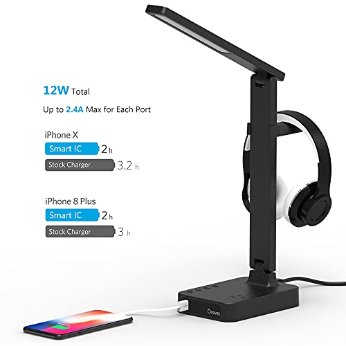 Drevet LED Desk Lamp with Headphone Stand, Desk Light with 1 USB Charging Port and 2 AC Power Outlet, 3 Lighting Modes, 3 Level Brightness,1H Timer, Memory Function, Eye-Caring Gaming Desk Lamp - color: Black3.0 with headphone stand