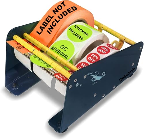 MDJ by Excell Manual Metal Label Sticker Dispenser with 4 Suction Cups Base for Tabletop, Adjustable Holder for Multiple Rolls for Office, Home, Warehouse, Easy Peel Off, Fits up to 6.5" Wide Labels - size: 6" Wide w/ Metal Frame