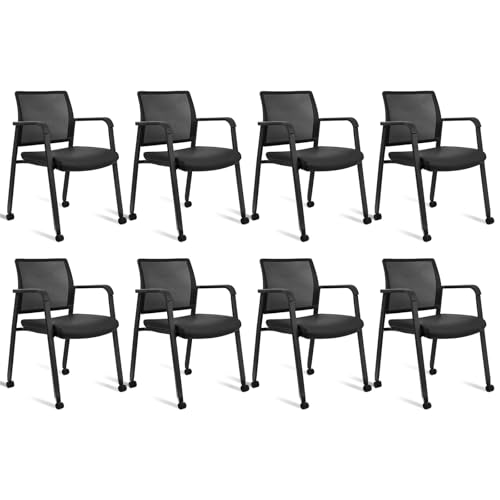 CLATINA Mesh Back Guest Reception Stacking Chair with Wheels, Waiting Room Stackable Chairs with Upholstered Leather Seat & Ergonomic Lumbar Support for Office Conference School Lobby, Black, 8 Pack - color: Black_leather_wheels, size: 8pack