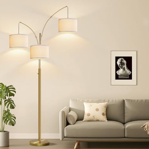 Dimmable Floor Lamp, 3 Lights Brass Arc Floor Lamp, Modern Tall Standing Tree Lamp with Beige Linen Shades & Heavy Base, 3000LM LED Bulbs, Bright Lighting for Living Room, Bedroom, Office & Reading - color: Brass-White Shade