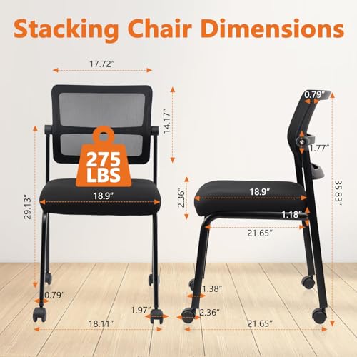 CLATINA Stacking Armless Office Guest Chair with Wheels,Stackable Mesh Waiting Room Reception Desk Chairs with Adjustable Backrest for Conference Lobby Side School, Black, 12PK - size: 12 Pack