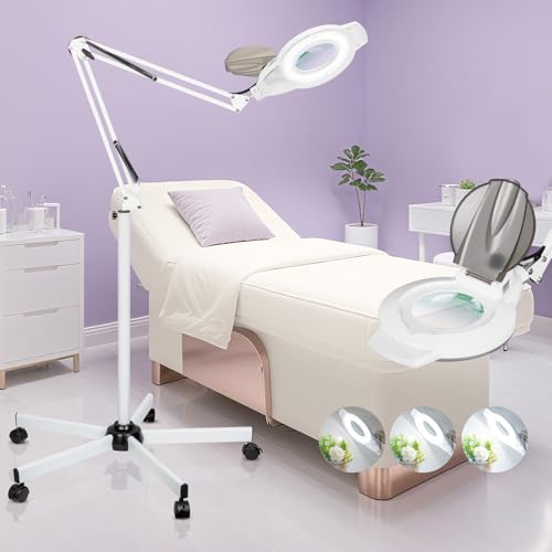 2200 Lumens Mag Lamp for Estheticians, 2-in-1 Magnifier Floor Light | 144 LED Stepless Dimmable, 10X Real Glass, 4 Wheel Rolling Stand Mag Lamp for Estheticians Facial Tattoo Craft Reading - color: White
