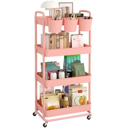4-Tier Plastic Rolling Storage Cart Utility Cart with Extra Hanging Cups Handles Lockable Wheels for Living Room Bathroom Kitchen Office Pink | Utility Cart with Extra Hanging Cups Arc-Shaped Handles Lockable Wheels for Living Room Bathroom Kitchen Office