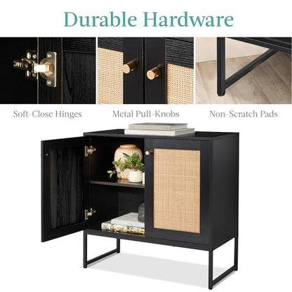 Best Choice Products 2-Door Rattan Storage Cabinet, Accent Furniture, Multifunctional Cupboard for Living Room, Hallway, Kitchen, Sideboard, Buffet Table w/Non-Scratch Foot Pads - Black - color: Rattan, Black