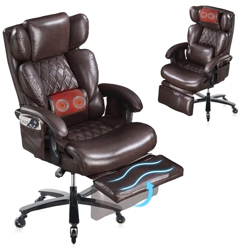Big and Tall Ergonomic Massage Office Chair with Footrest, PU Leather Brown | 3 Removable Cushions, Heat Vibration Massage, Lumbar Support, High Back Reclining 105°-160°, 2 Pockets, Silent Wheels, 500LBS - color: Brown