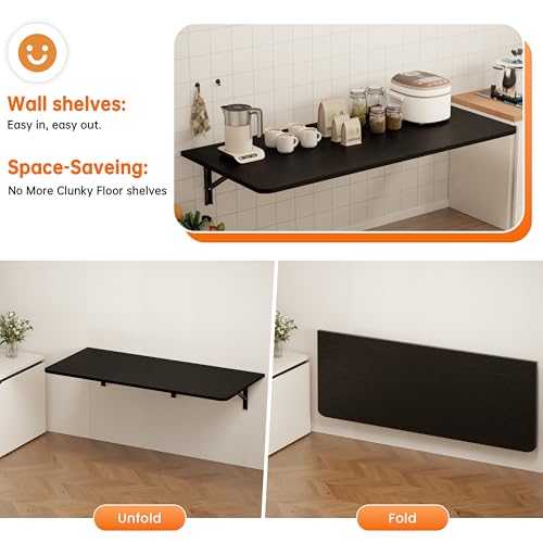 IAE Wall Mounted Folding Desk,Floating Computer Desk for Small Spaces,Black | 55x22in engineered wood desktop with metal brackets, folds flat to save space in home office, apartment and laundry room - color: Black, size: 55"*22"