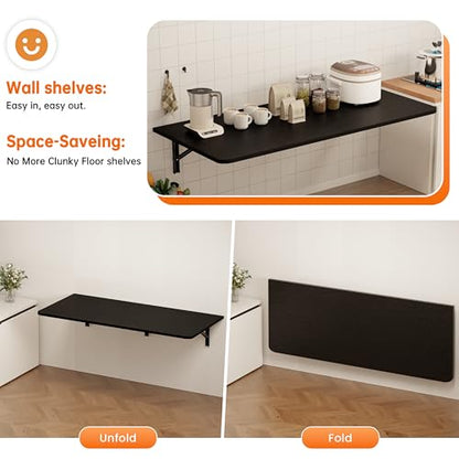 IAE Wall Mounted Folding Desk,Floating Computer Desk for Small Spaces,Black | 55x22in engineered wood desktop with metal brackets, folds flat to save space in home office, apartment and laundry room - color: Black, size: 55"*22"