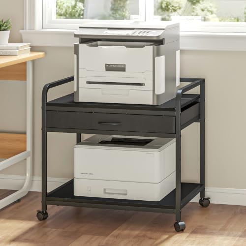 Under Desk Printer Stand with Wheels - 25"x19" Large Printer Cart with Storage Drawer, 2-Tier Height Adjustable Printer Desk Cart, Heavy Duty Printers Riser for Home Office (Black) - color: Black, size: Large
