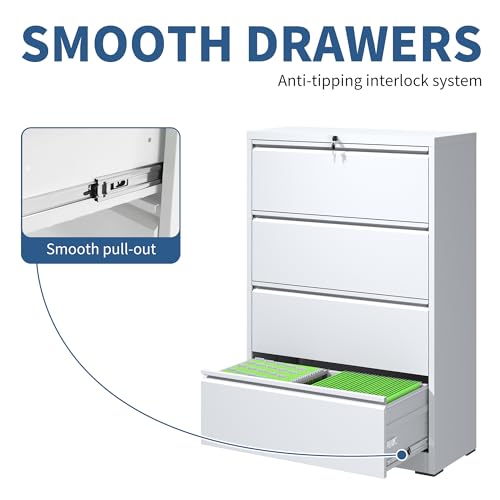 4 Drawer File Cabinet with Lock, Metal Lateral Filing Cabinets - color: White, size: 4 Drawer_ 26"W