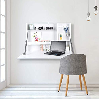 Prinz Work from Home Wall-Mounted Desk, White Folding Desk with Chalkboard Front, Space-Saving Floating Desk Design, Ready to Hang, Interior Shelves, 36 x 24 x 5 Inches, White - color: White