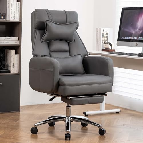 Swivel Ergonomic Office Chair with Footrest, High Back Executive Chair with Lumbar Support and Headrest, 155° Reclining Leather Desk Chair with Thick Cushion for Manager Office (Dark Grey)