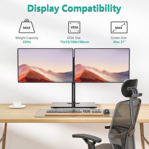 WALI Free Standing Dual Monitor Stand, Height Adjustable Monitor Mount with Glass Base, Fits LCD LED Flat Curved Screen up to 27 inch, 22lbs, with Grommet Base (GMF002) - color: Black (Glass Free Stand), size: Dual