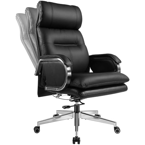 Genuine Leather Modern Executive Chair High-Back Support 90 to 150 Degrees Tilt and Upholstered Home Desk Chair with Base 360LB Capacity Swivel Computer Office Chair (Black) - color: Black