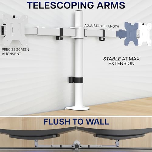 VIVO Dual LCD LED 21 to 32 inch Monitor Desk Mount, Heavy Duty, Adjustable Telescoping Arms, Flush Wall Setup, Fits 2 Screens, White, STAND-V002EW - color: White, size: 21" to 32"