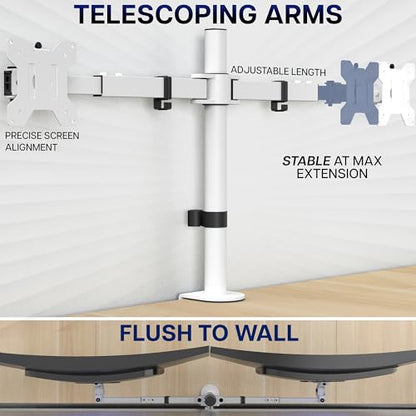 VIVO Dual LCD LED 21 to 32 inch Monitor Desk Mount, Heavy Duty, Adjustable Telescoping Arms, Flush Wall Setup, Fits 2 Screens, White, STAND-V002EW - color: White, size: 21" to 32"