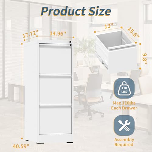 3 Drawer File Cabinet with Lock, Vertical Filing Cabinets for Home Office, Metal Storage Cabinets, Heavy Duty File Cabinet for Letter/Legal/A4/F4 Size Amsseble Required, White - color: White, size: 3 Drawers-Letter/Legal/A4/F4
