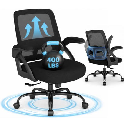 AnyGod Big and Tall Office Chair 400lbs Heavy Duty, Comfy Mesh Desk Chair | Wide Seat Computer Chair, Ideal for Heavy People, Ergonomic Design, Lumbar Support, Flip-up Armrests, Swivel Executive Chair