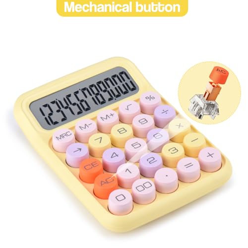 Mechanical Pushbutton Calculator,12 Digit Large LCD Display,Big Buttons Easy to Press,Colorful Candy Calculator,Automatic Sleep,with Battery.for Office,School, Home. (Yellow) - color: yellow