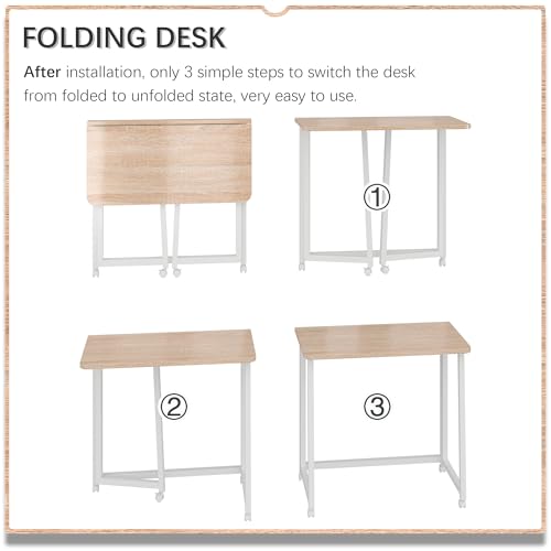 4NM 23.6" Mobile Small Folding Desk, Foldable Rolling Computer Home Office Desk, Study Writing Table for Small Space Saving Bedroom, with Wheels - Natural and White - color: Natural and White, size: 23.6"W x 15.7"D