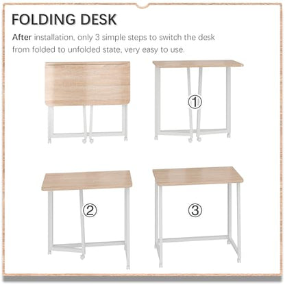 4NM 23.6" Mobile Small Folding Desk, Foldable Rolling Computer Home Office Desk, Study Writing Table for Small Space Saving Bedroom, with Wheels - Natural and White - color: Natural and White, size: 23.6"W x 15.7"D