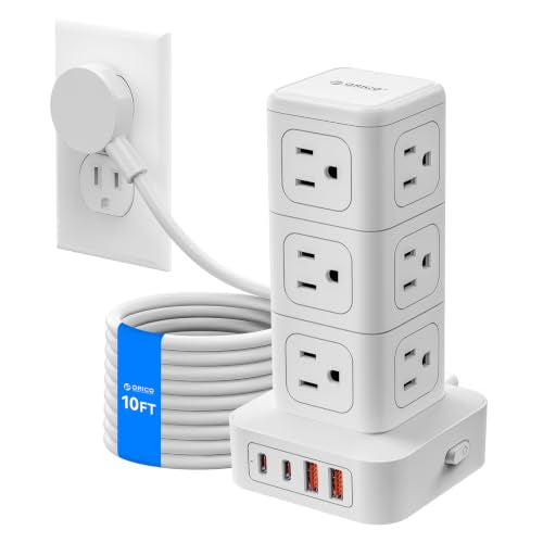 ORICO 10FT Extension Cord with 12 AC Outlets 4 USB, Surge Protetctor Power | Power Strip Tower, Outlet Extender, 20W Fast Charge Desk Accessories for Home Office Dorm - color: White, size: 10FT