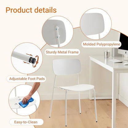 Sidanli Modern Stacking Chairs, White, Set of 4 | Plastic Seat with Sturdy Metal Frame, Capacity 300lbs, Compact Design, Chairs for Waiting Break Room Classroom, Easy to Clean - color: White