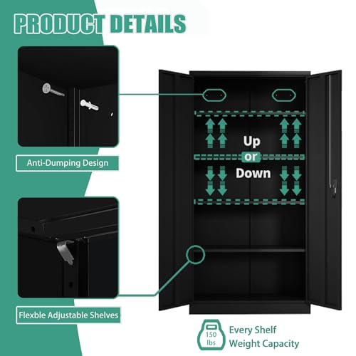Black Metal Storage Cabinet with Door, Locking Steel Cabinet with 4 Adjuestable Shelves, Tall Lockable Garage Tool Storage Cabinet for Home, Office, Pantry, Assembly Required - size: 35.43" W x 17.71" D x 70.87" H