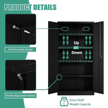 Black Metal Storage Cabinet with Door, Locking Steel Cabinet with 4 Adjuestable Shelves, Tall Lockable Garage Tool Storage Cabinet for Home, Office, Pantry, Assembly Required - size: 35.43" W x 17.71" D x 70.87" H