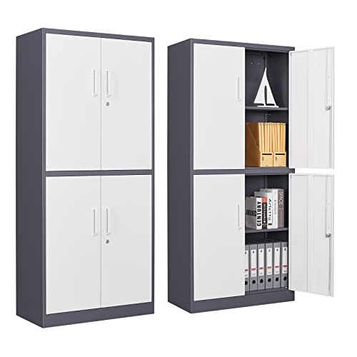 PEUKC Metal Storage Cabinet with Lock, 71" Tall Steel File Locker with 2 Adjustable Shelves and 4 Doors, Tall Cabinet for Office, Garage, Home, Pantry (Grey White) - color: White Grey, size: 71'' 4 Doors