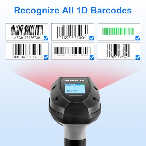 Barcode Scanner Wireless, 1D Laser Bar Code Scanners with Stand 2.4G Wireless & USB Wired Connection Plug and Play 2 in 1 Handheld Barcode Reader with Screen