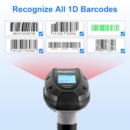 Barcode Scanner Wireless, 1D Laser Bar Code Scanners with Stand 2.4G Wireless & USB Wired Connection Plug and Play 2 in 1 Handheld Barcode Reader with Screen