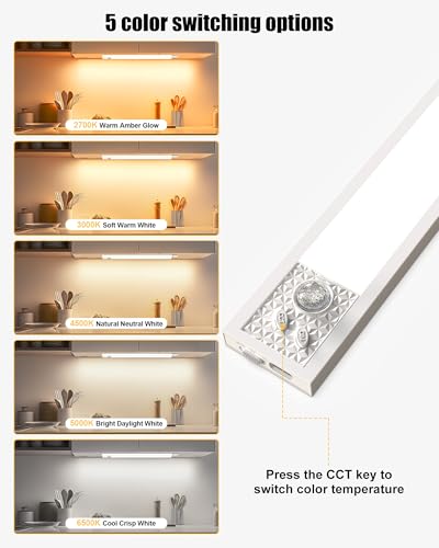 Under Cabinet Motion Sensor Lighting - 20 Inch Wireless Under Cabinet Lighting, Rechargeable with Magnetic Mount, 5CCT Adjustable for Kitchen/Hallway (White, 2-Pack)