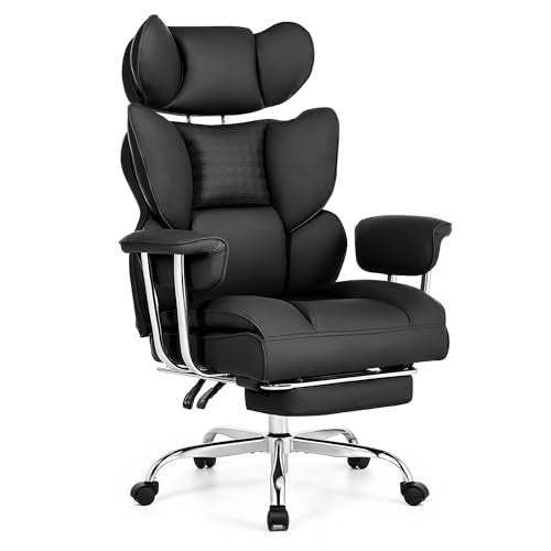 Big and Tall Office Chair 400 LBS, for Adults, Home Office | PU Leather, Executive Ergonomic Desk Chair with Footrest, Lumbar Support, Wide Seat ,Reclining, Black - color: Black, size: Fix Armrest