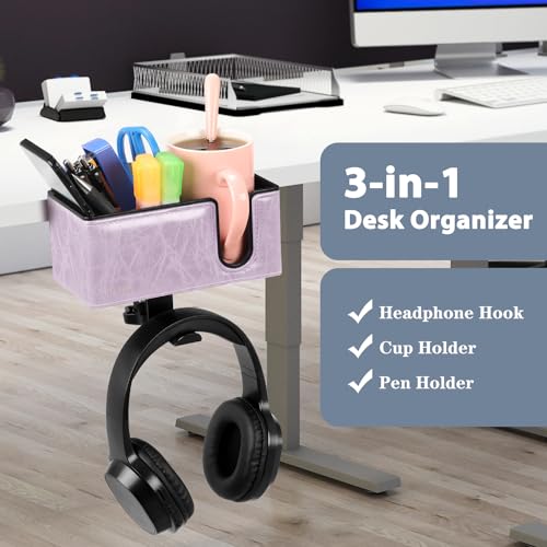 Under Desk Cup Holder Clamp on Cup Holder PU Leather Clip on Desk Organizer | Desk organizer with pencil holder clamp on side, under desk hanging organizer, clip on cup holder desk phone stand holder PU - color: Violet