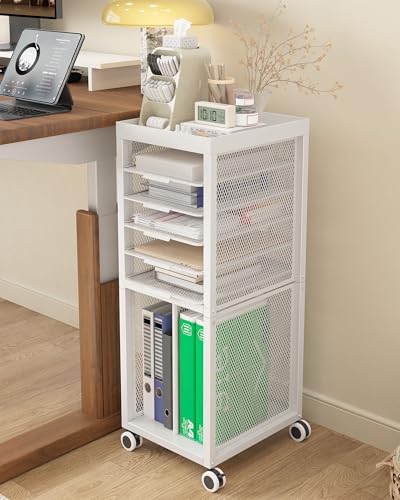 Rolling File Cart with 4 Dividers, Mobile File Cabinet with Wheels | Hanging File Folder Organizer, Under Desk Storage, Printer Stand Utility Cart Filing Cabinet for Home Office（White）