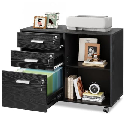 DEVAISE 3-Drawer File Cabinet with Lock, Mobile Wood Filing Cabinet, Black | Rolling Printer Stand, Office Cabinet, Open Storage Shelves, Letter & A4 Compatible, Home Office, Under Desk Storage - color: Black