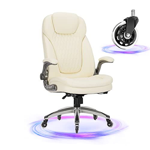 COLAMY Ivory Leather High Back Executive Office Chair, Ergonomic Desk Chair with Flip-up Arms, Thick Cushion, Silent Nylon Wheels, Adjustable Height & Rocking Function, 300lbs Capacity - color: Ivory-6686, size: set of 1