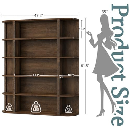 TVU 5-Tier Wood Book Shelf, 47" Wide Large Bookshelf and Bookcase, 62" Tall Bookshelf with Curved Side Shelves, Freestanding Wood Display Book Shelves for Living Room, Home Office, Walnut