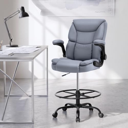 500LBS Drafting Chair, High Back Safer Standing Desk Chair, Executive Tall Office Chair with Flip-up Armrests, Upholstered PU Leather Task Chair, Ergonomic Seat with Adjustable Height&Foot Ring, Grey - color: Grey