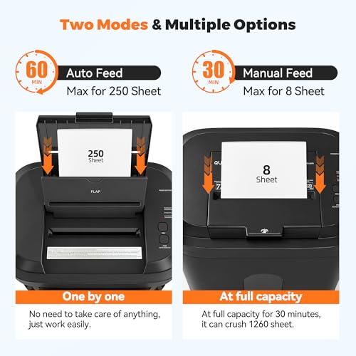 250-Sheet Paper Shredder Auto Feed, Commercial Shredders Heavy Duty, 60 Min Non-Stop, P-5 Ultra Security Shredder for Home Office, Micro Cut with Wheels, 8.72 Gal Bin, <60 dB(OL380) - size: 250 Sheet Auto Feed