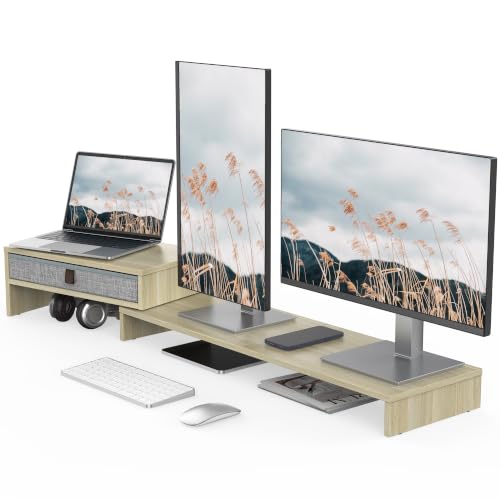 Fenge Triple Monitor Stand with Srorage Drawer, Adjustable Length and Angle | Computer Monitor Riser for 2 or 3 Monitors, Wooden Desktop Laptop Stand, Office Organizer for PC, Screen, Tablet, Oak - color: Oak