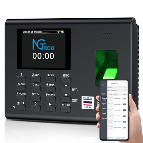 NGTeco APP Time Clock for Small Business, Fingerprint& PIN, 2000mAh Battery | Employee Clock in Machine Support Flexible Shift Management, Auto Report, 2.4GHz WiFi, No Monthly Fees - color: Matte Black